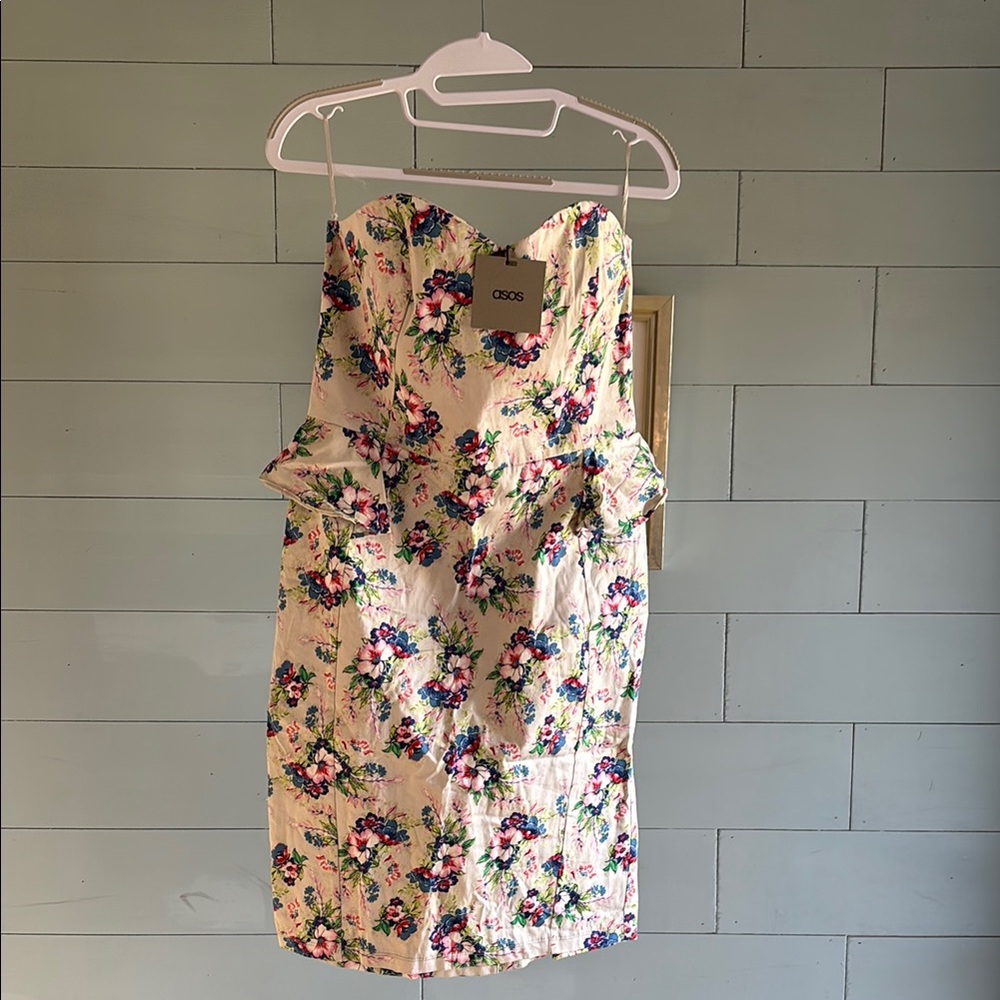 NWT ASOS Floral Strapless Dress - Cream and Pink